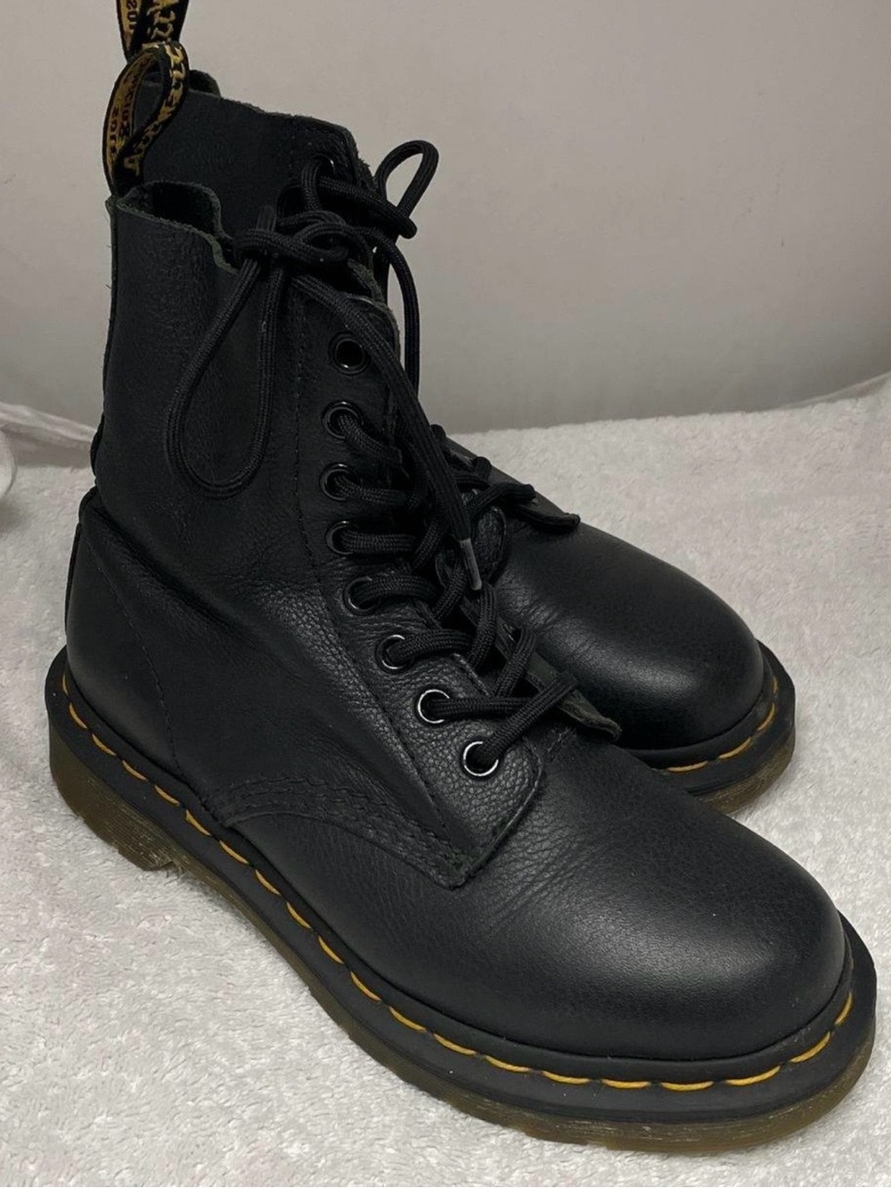 Dr. Martens Black Leather Combat Boots with Yellow Stitching